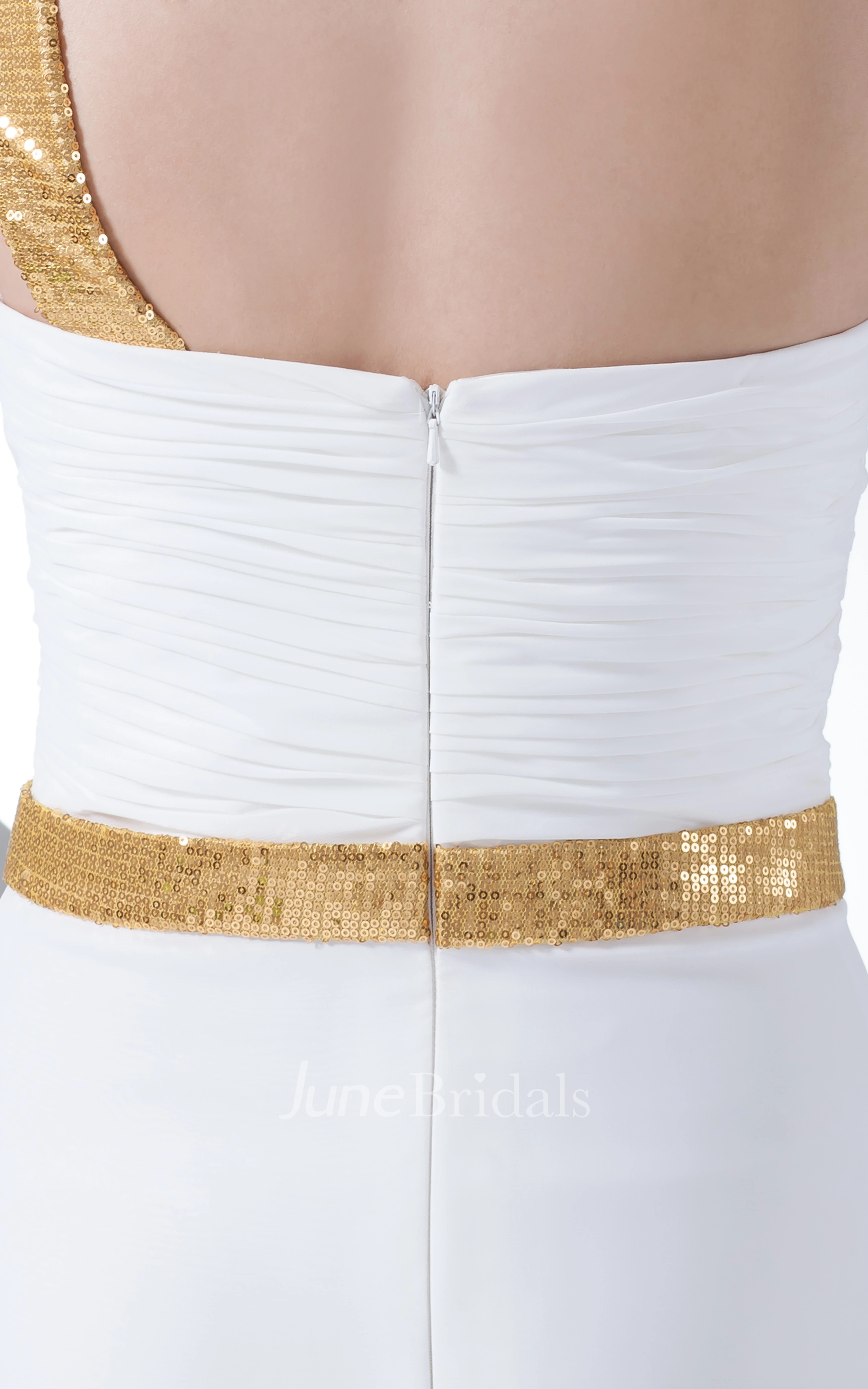 One-Shoulder Sequined Chiffon Dress With Beading and Front Slit