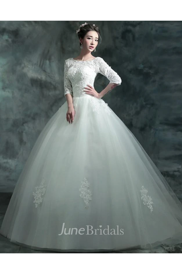 Modern Lace Appliques 3 4-Long Sleeve Wedding Dress Sweep Train
