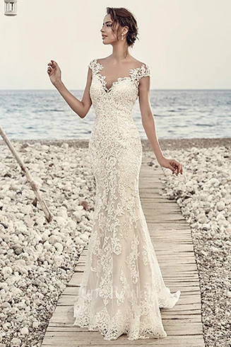 Sheath Cap-Sleeve V-Neck Floor-Length Lace Wedding Dress With Appliques And Illusion
