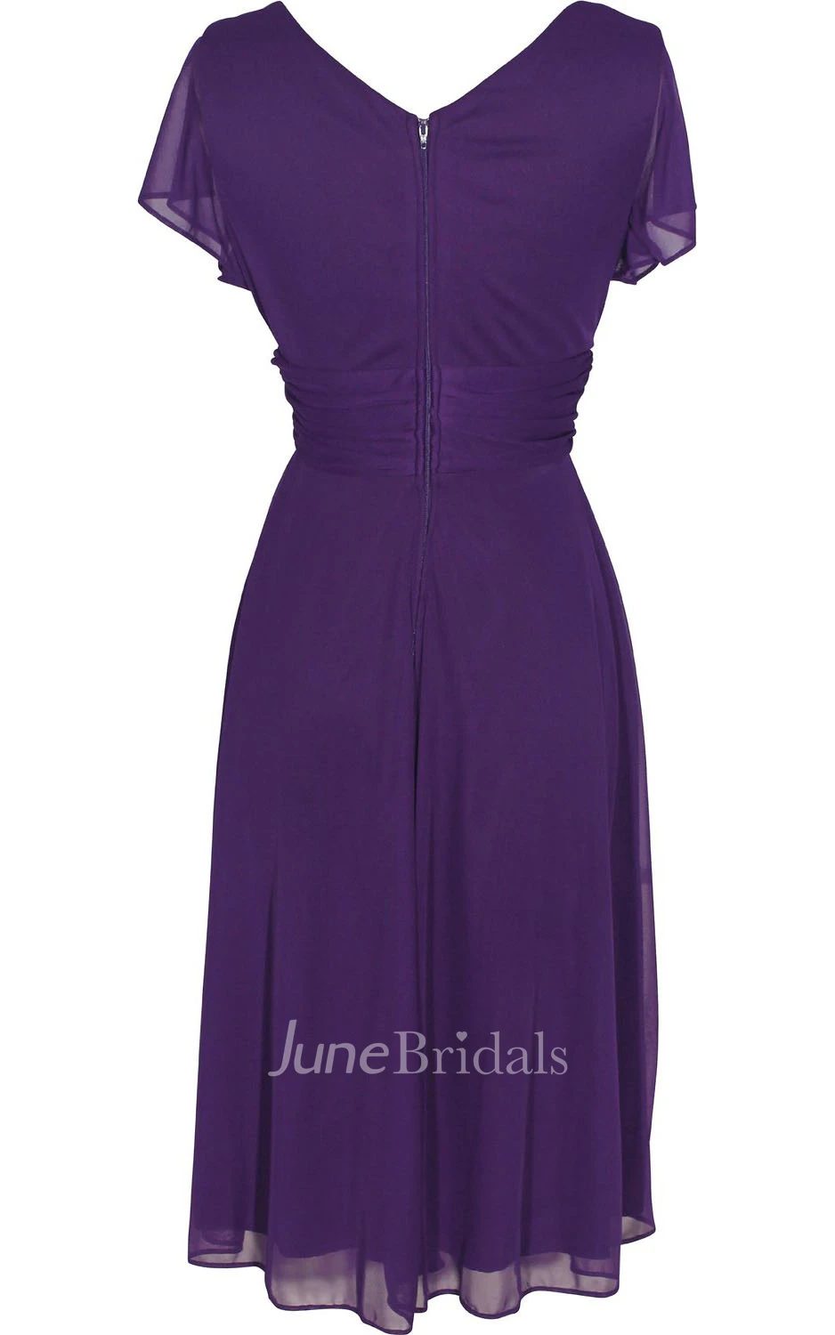 Short Sleeve V-neck Knee-length Chiffon Dress With Beading