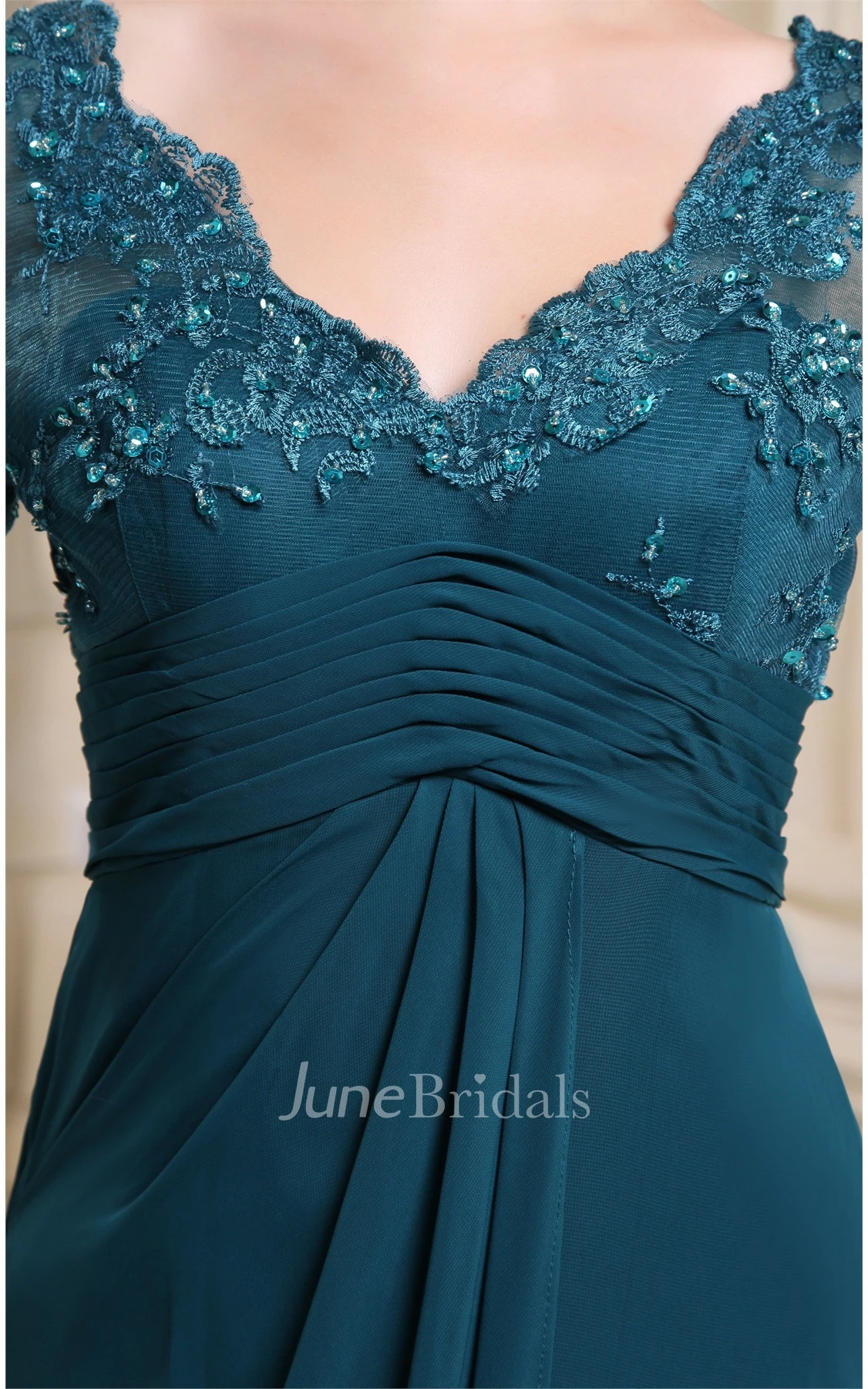 V-Neck Empire Floor-Length Dress with Appliques and Illusion Sleeve