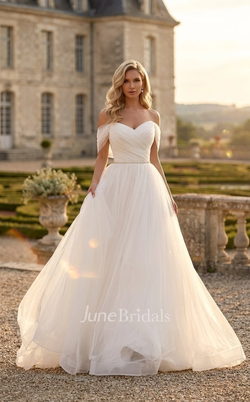 Modern Simple A-Line Off-the-Shoulder Sweetheart Wedding Dress Fairy Modest Ruched Tulle Bridal Gown with Sweep Train