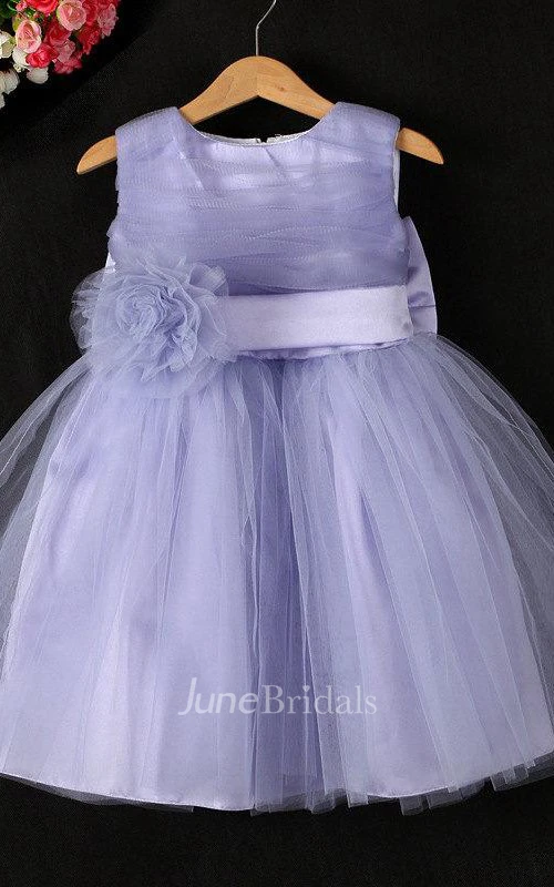 Ruched Sleeveless Pleated Tulle Dress With Flower Belt