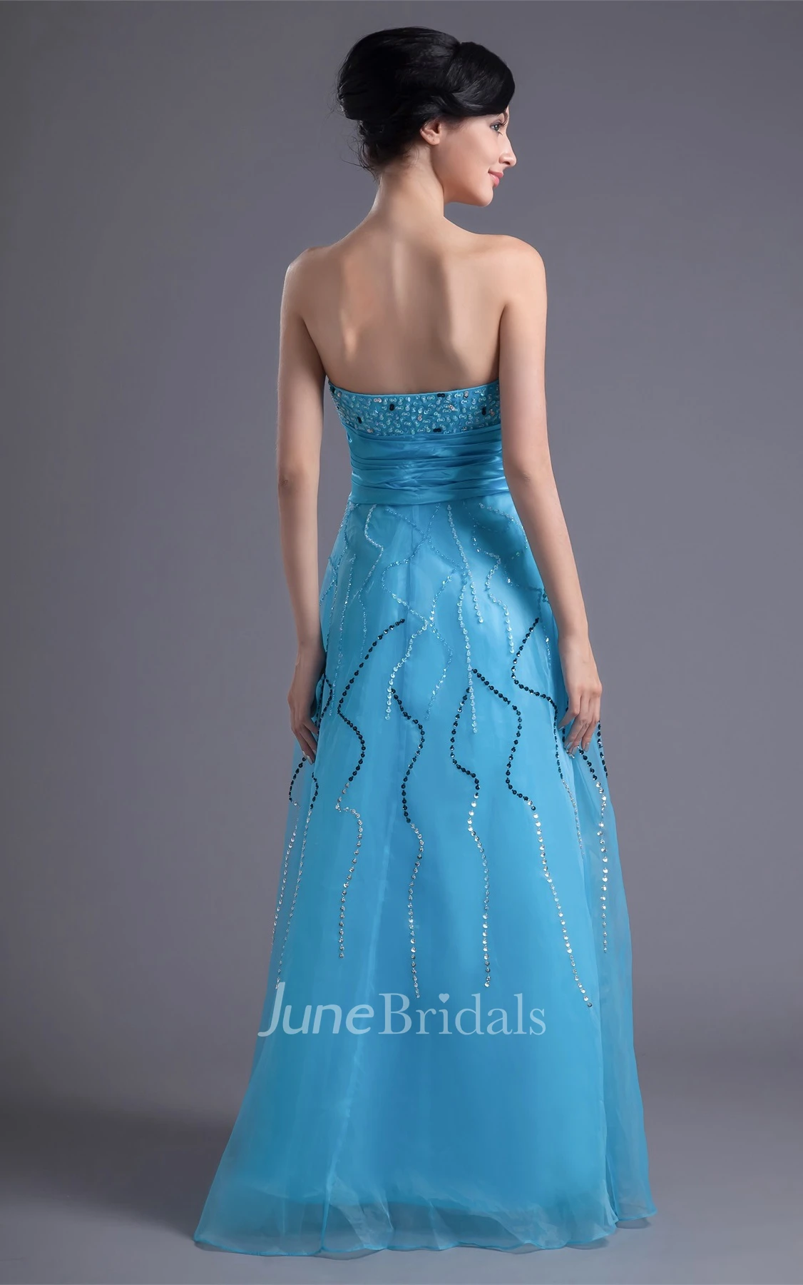 sweetheart floor-length a-line dress with ruched waist and beading
