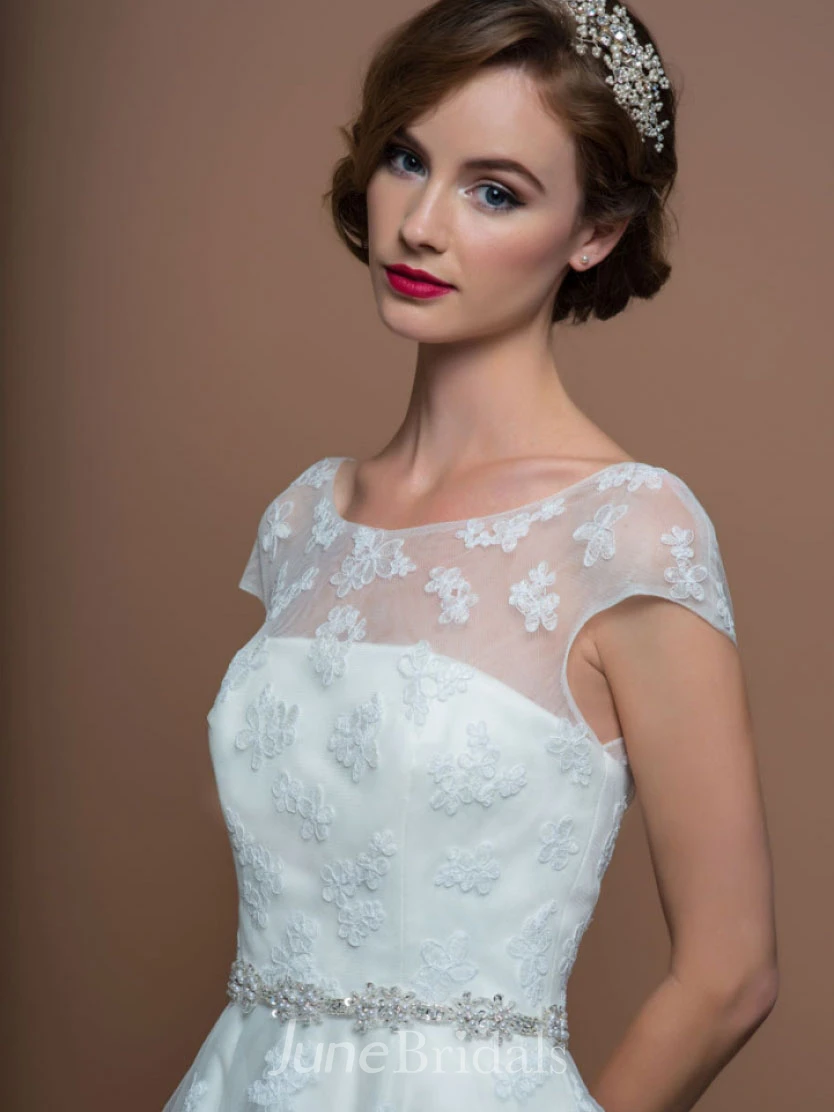 A-Line Scoop-Neck Cap-Sleeve Jeweled Tea-Length Tulle Wedding Dress