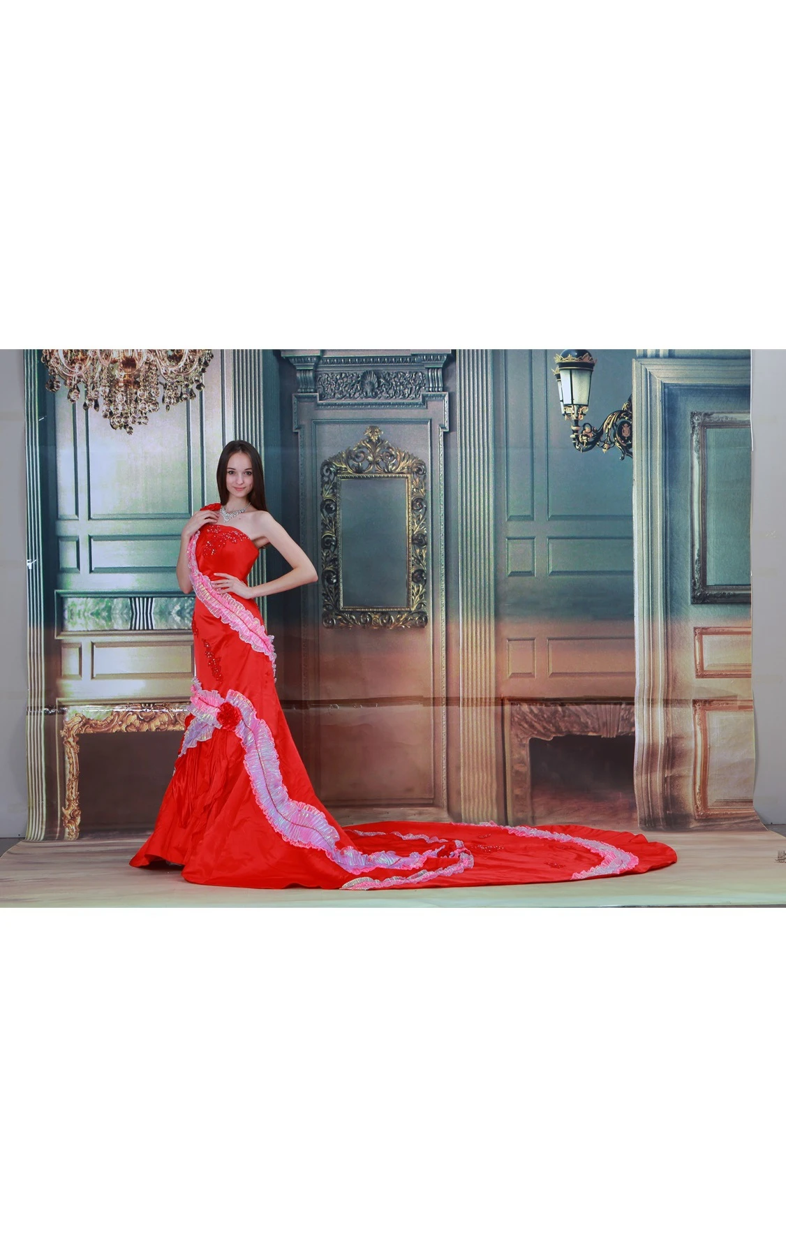 single-strap maxi beaded a-line dress with cathedral train and flower