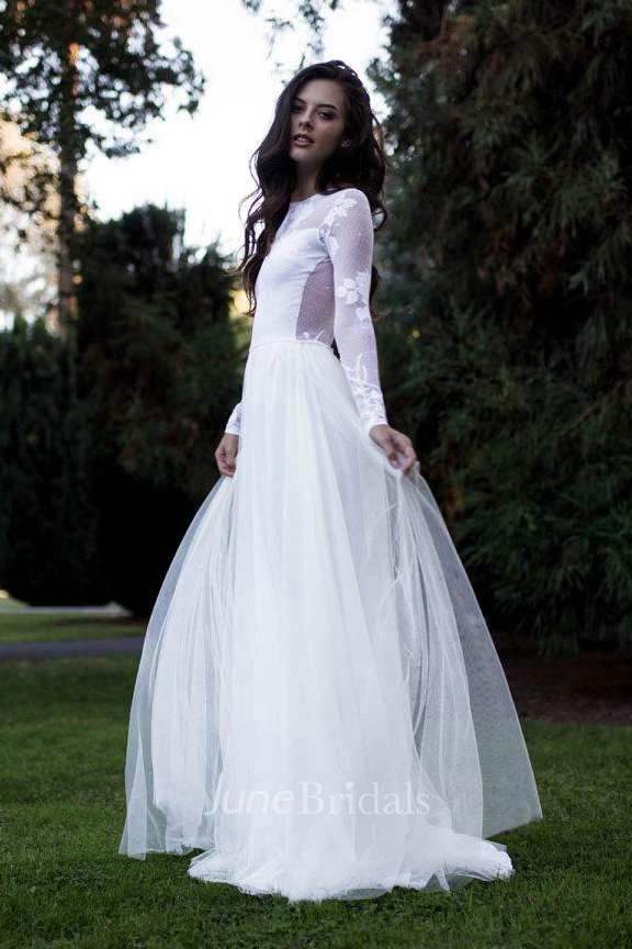 Bateau Long Sleeve Tulle Appliqued Wedding Dress