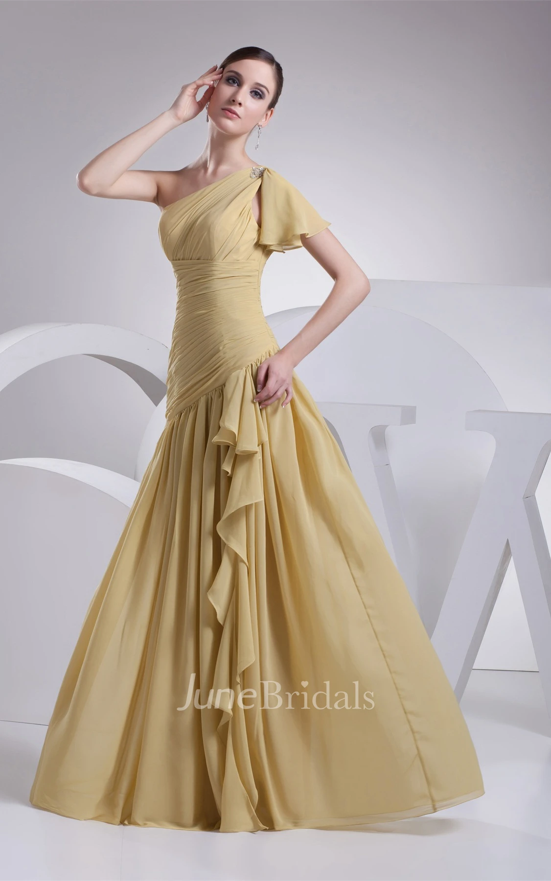 Ruched One-Shoulder Sleeveless A-Line Gown with Pleats and Ruffles