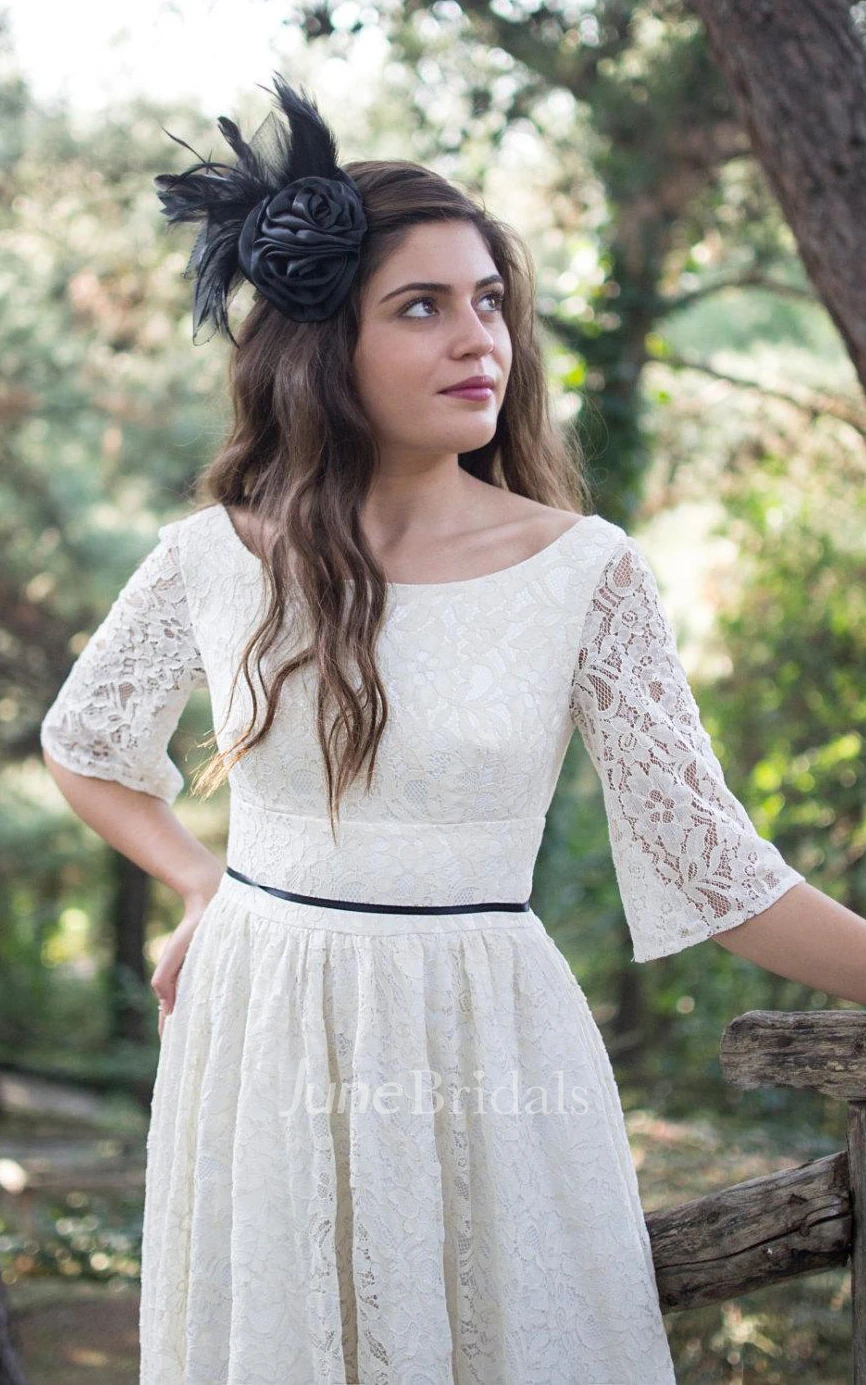 Tea-Length Scoop Neck Lace Dress With Low-V Back