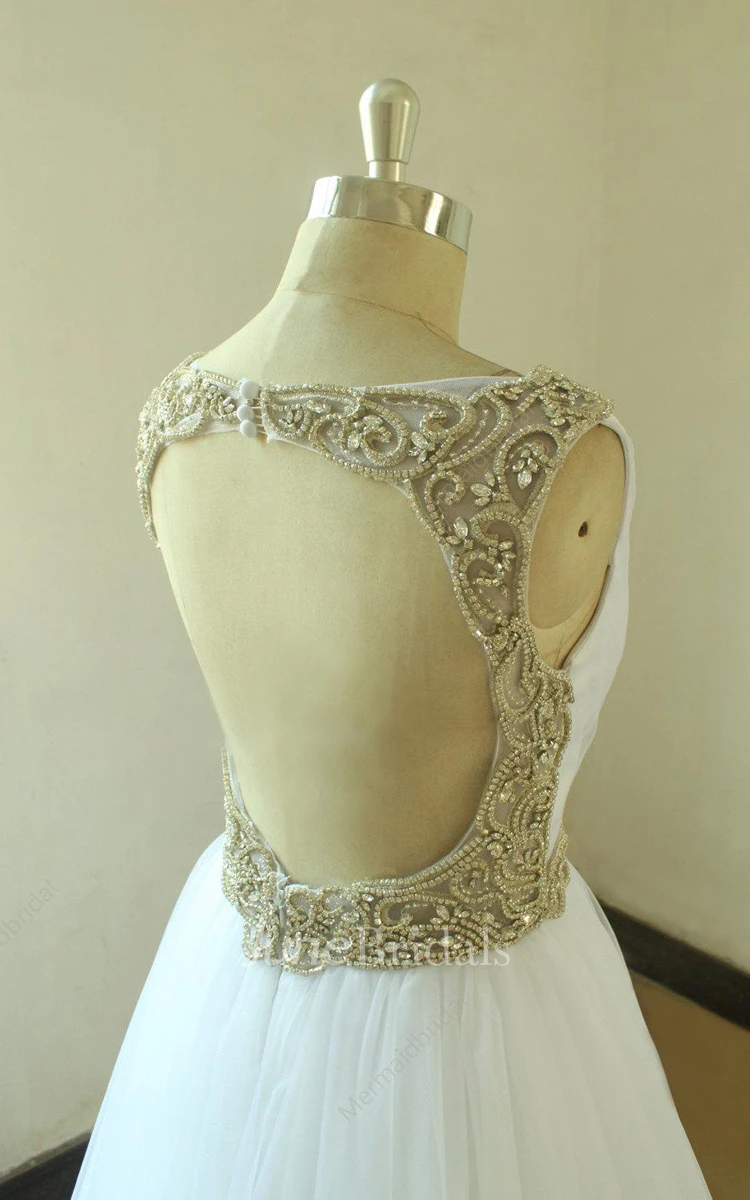 A-Line V-Neck Tulle Weddig Dress With Beading Keyhole Back