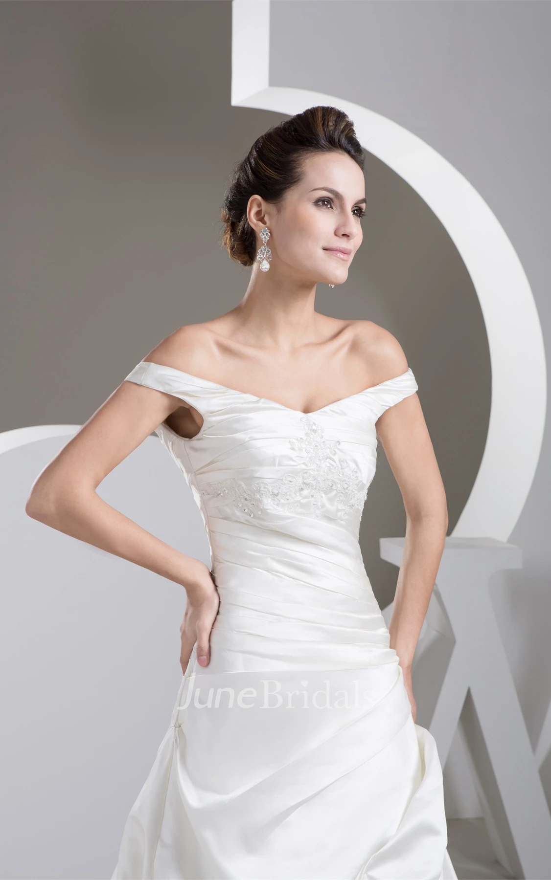Off-The-Shoulder Pick-Up A-Line Ball Gown with Ruching and Appliques