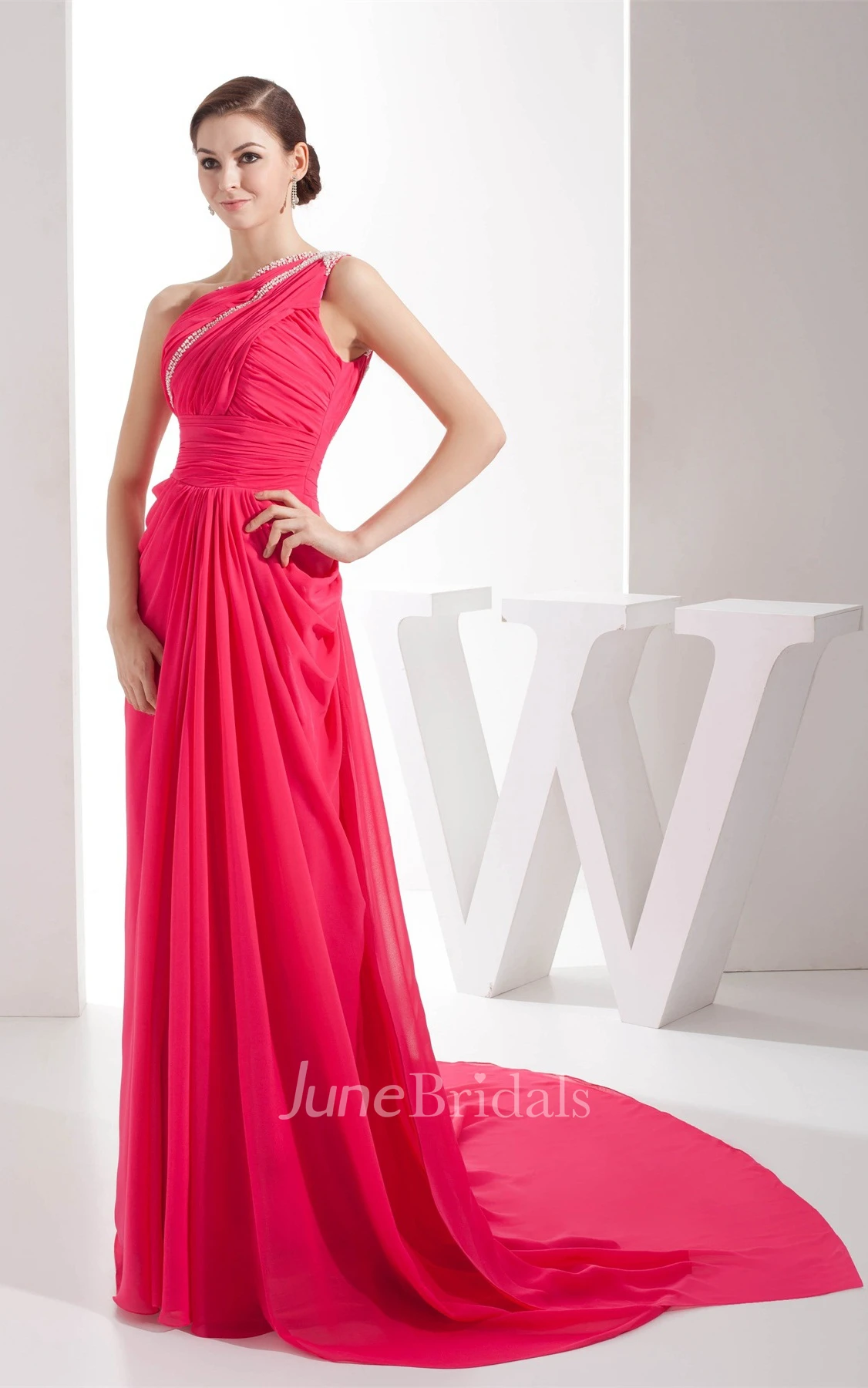 One-Shoulder Chiffon Beaded Dress with Central Ruching and Brush Train