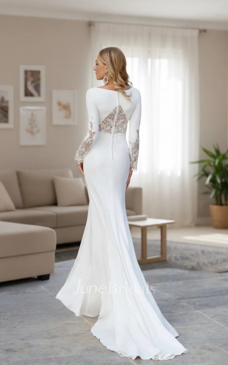 Modest Sheath Satin Long Sleeve Spring Wedding Dress Elegant Bateau Lace Solid Bridal Gown