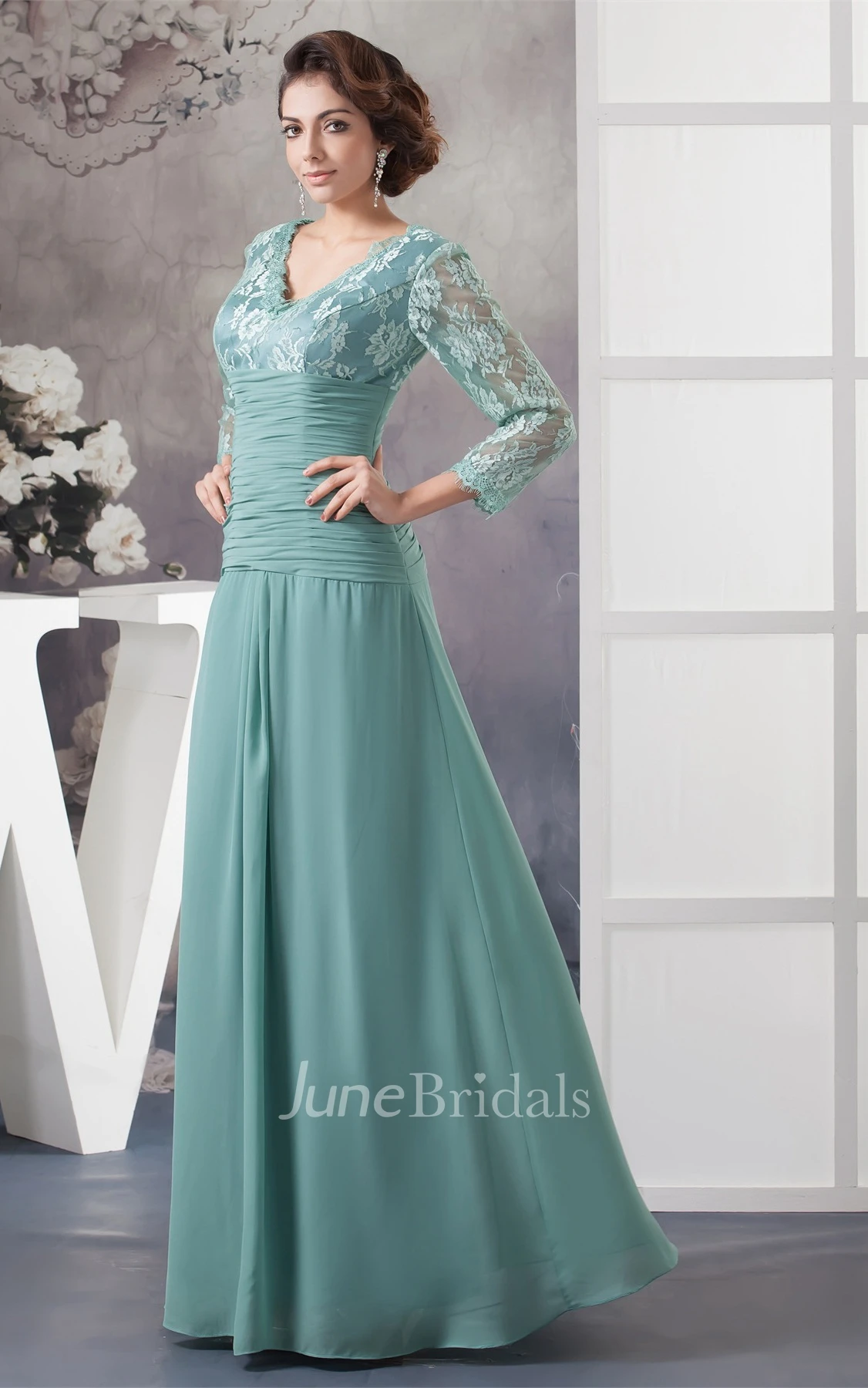 V-Neck Appliqued Chiffon Long Dress with Illusion Neckline