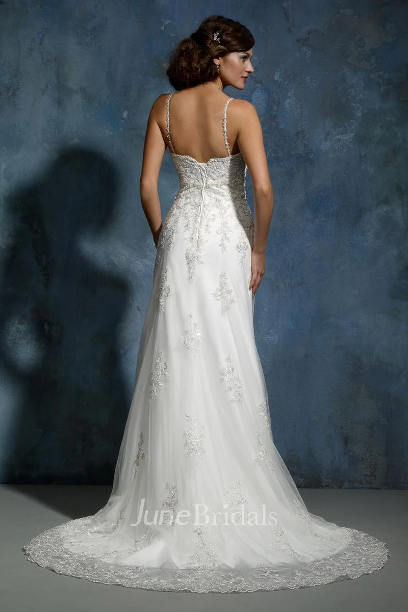 Spaghetti Strap Lace Sheath Spring Wedding Dress with Waist Jewelry Modern Bridal Gown