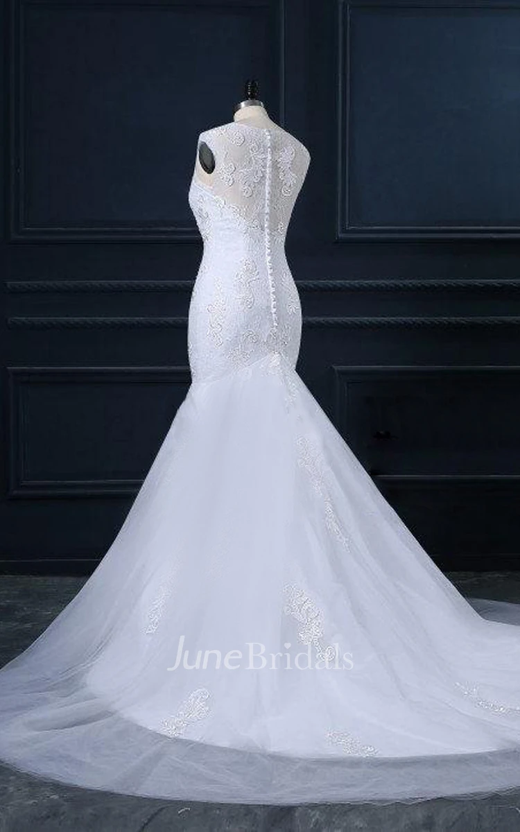 Trumpet Cap Sleeve Lace Satin Dress With Appliques Button Zipper