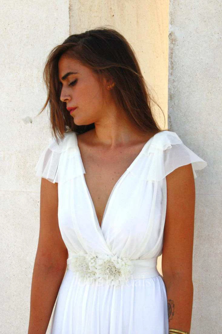 Plunged Cap-Sleeve Chiffon Floor-Length Dress With Flowers