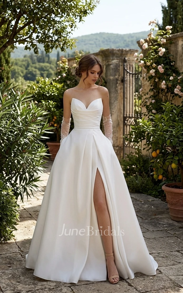 Elegant Sexy Satin Strapless A-Line V-neck Spring Wedding Dress Simple Solid Sleeveless Split Front Floor-length Lace-up Back Bridal Gown with Train