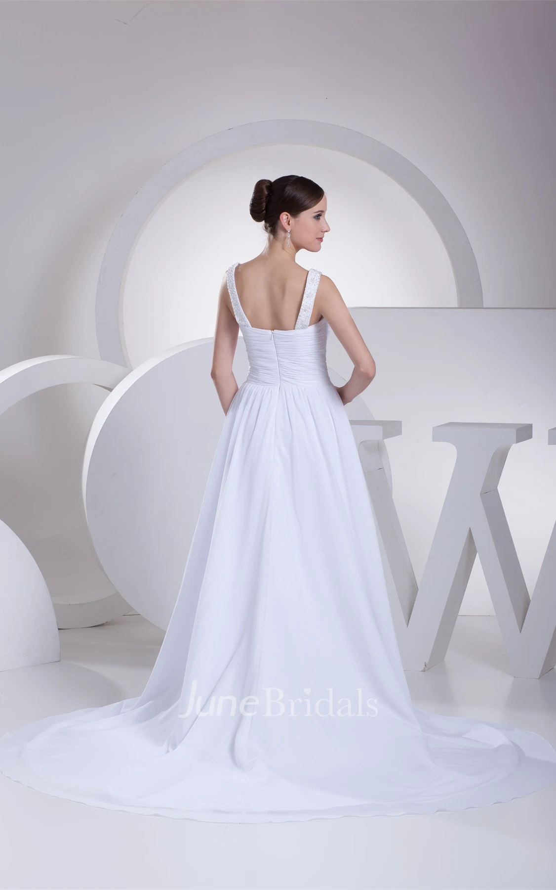 Strapped Chiffon Long Dress with Broach and Pleats