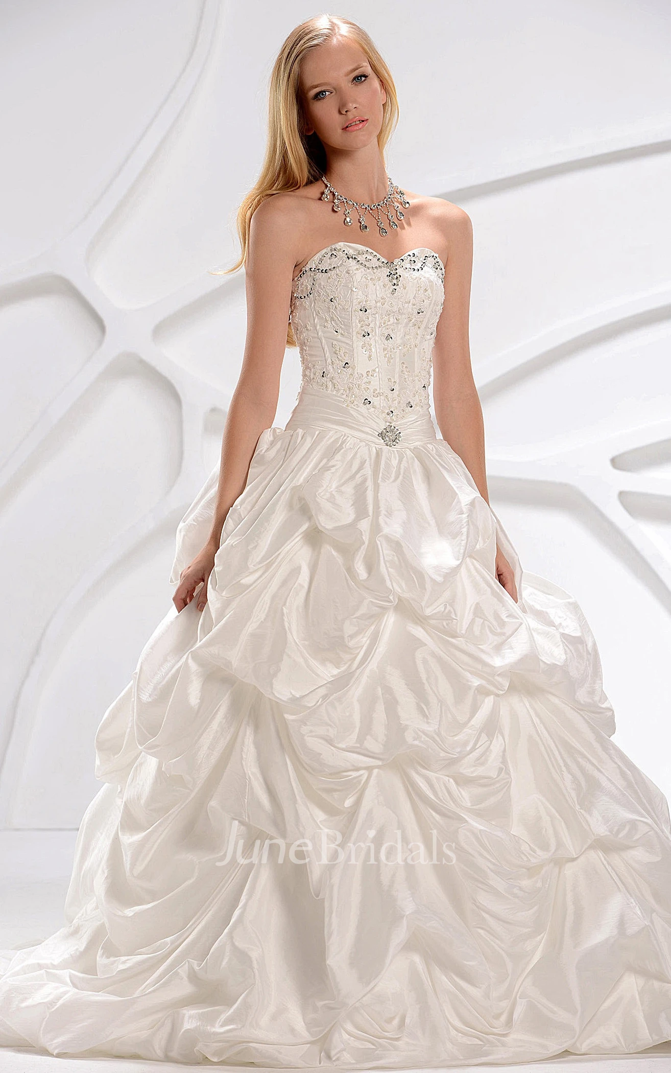 Sweetheart Appliqued Pick-Up Gown With Gemmed Bodice