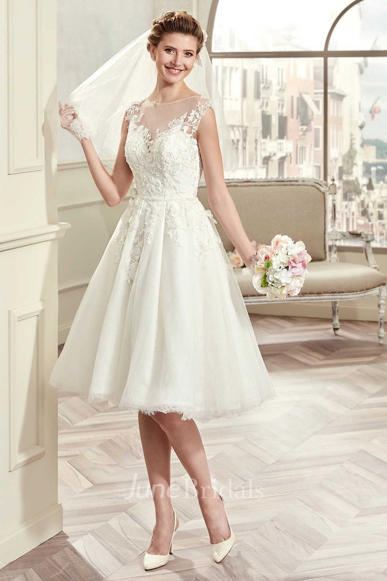 Cap-sleeve Knee-length Wedding Gown with Illusive Design and Lace Bodice