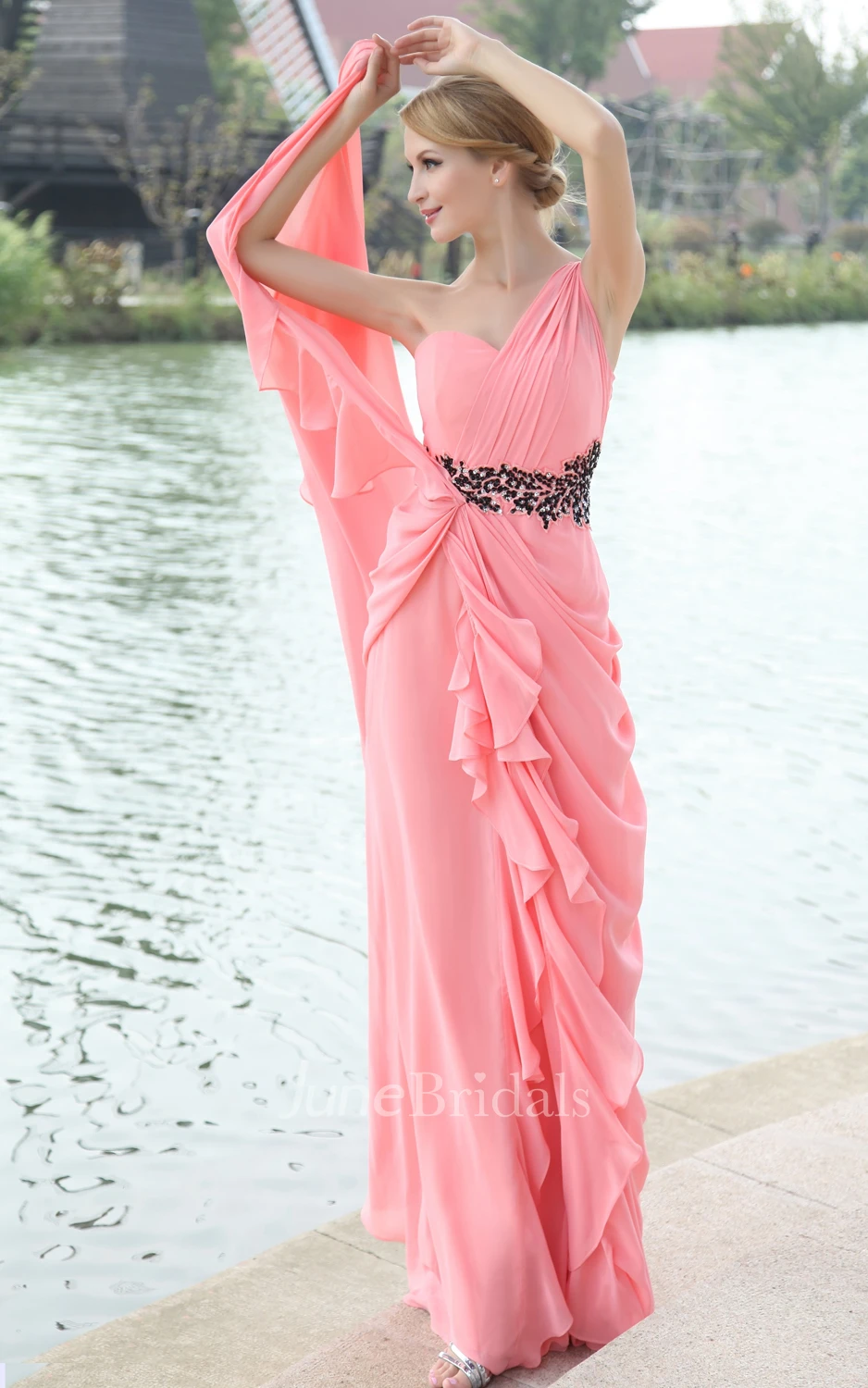Asymmetrical One-Shoulder Dress With Draping And Beaded Waistband