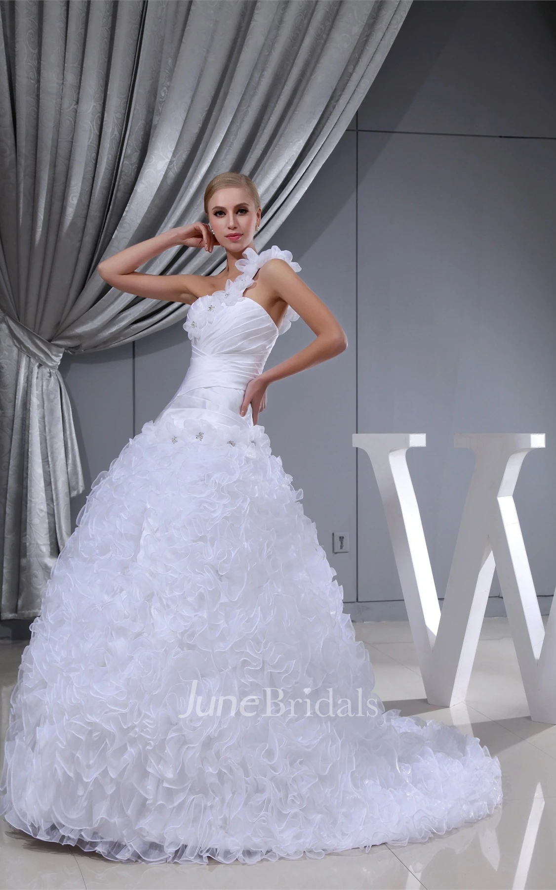 Sleeveless Ruched Ball Gown with Ruffles and Floral Strap