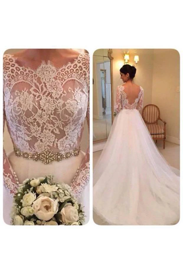 Elegant Illusion Long Sleeve Tulle Wedding Dress With Lace Beadings