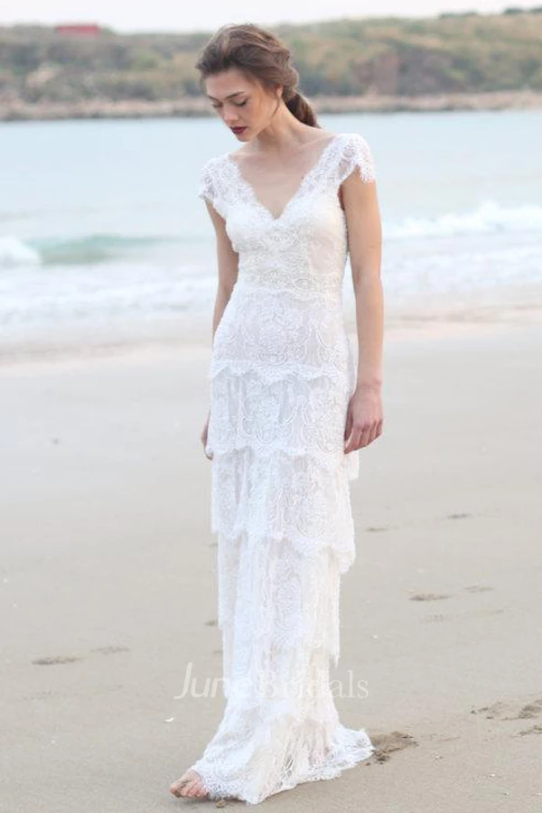Plunged Sheath Cap-Sleeve Tired Boho Style Wedding Dress And Deep-V Back