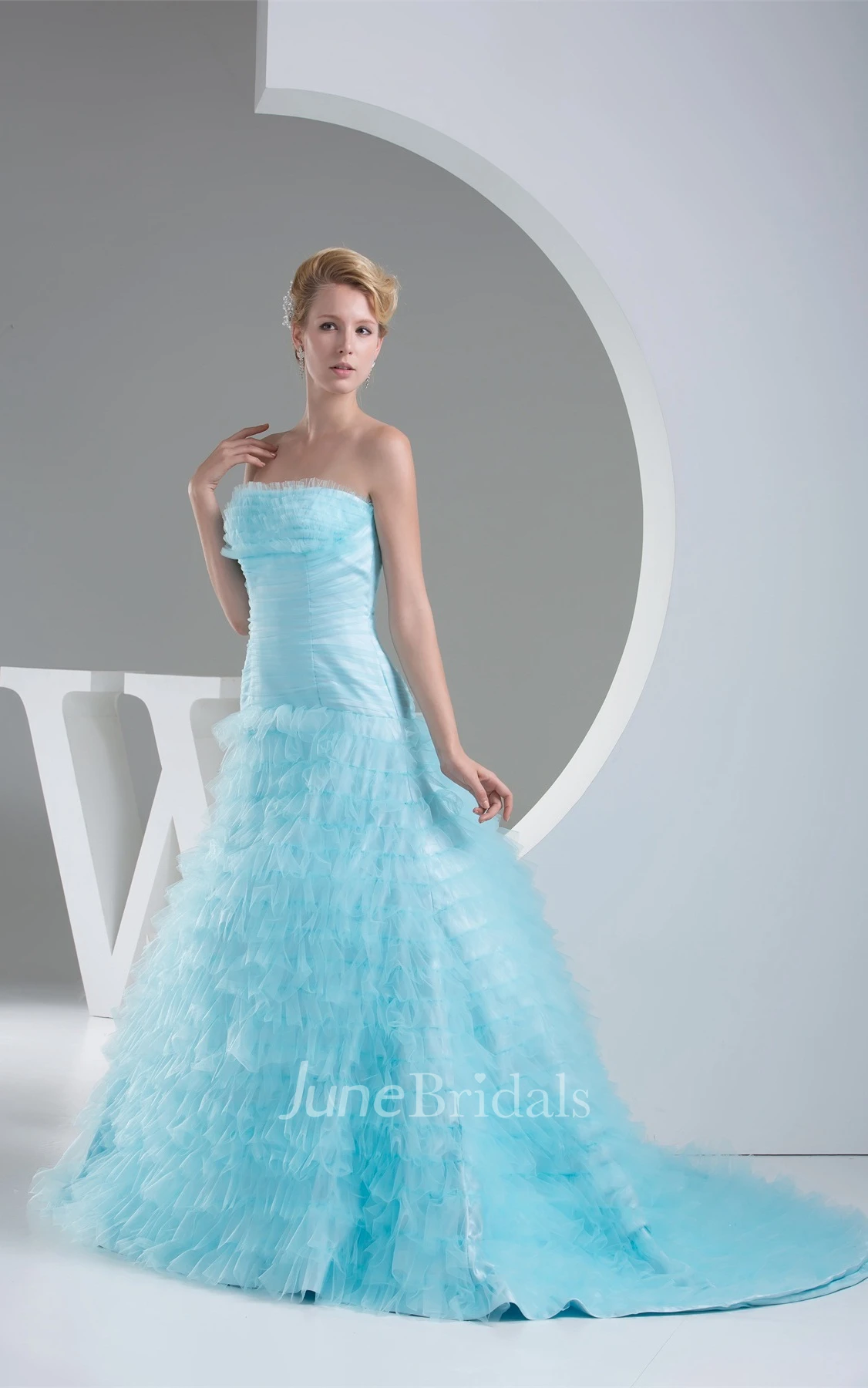 Strapless A-Line Ruffled Dress with Ruching and Tiers