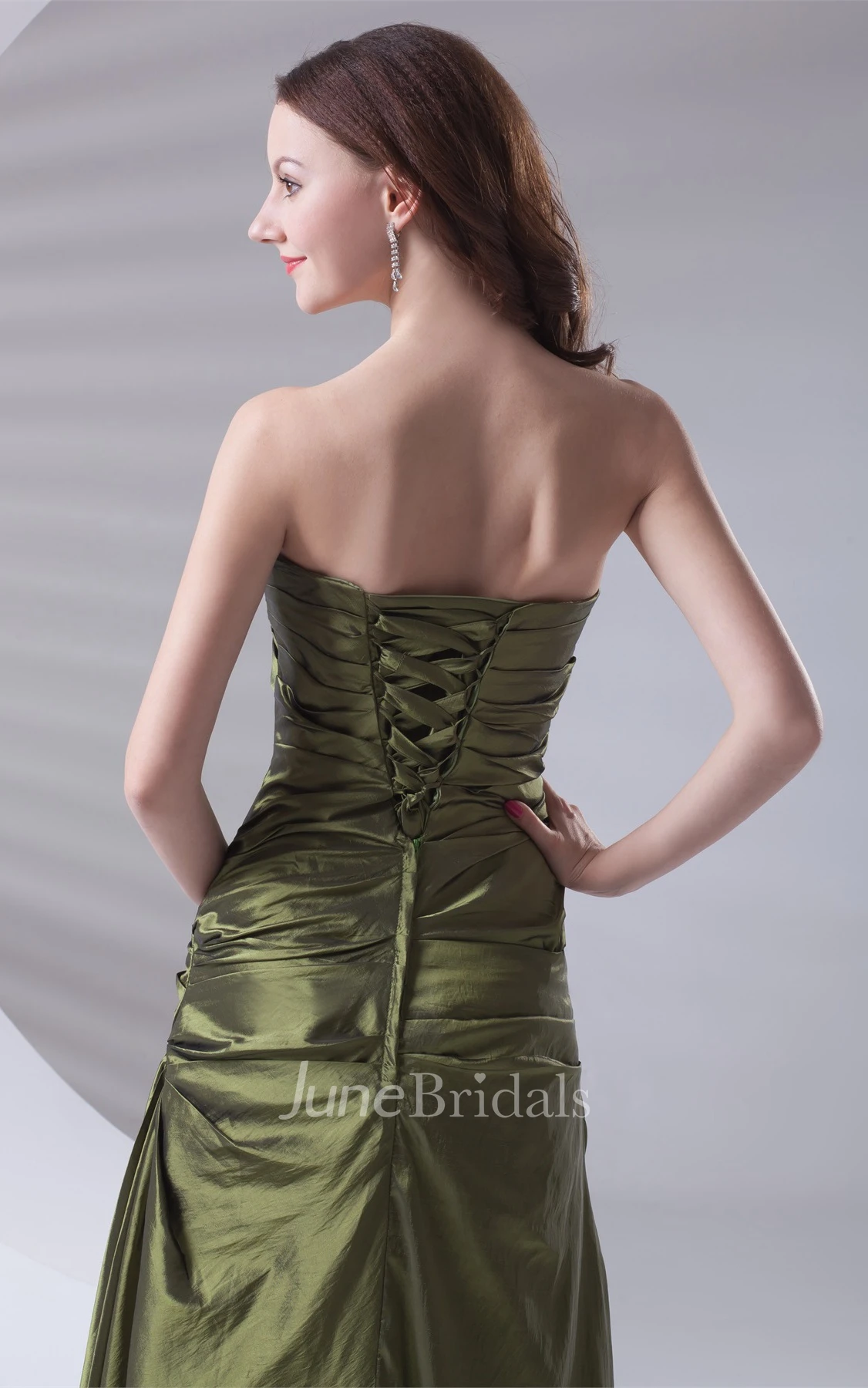 strapless ankle-length satin dress with ruched bodice and bow