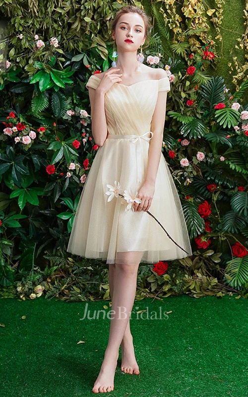 Simple Bateau Off-the-shoulder V-neck One-shoulder A Line Cocktail Dress With Ruching