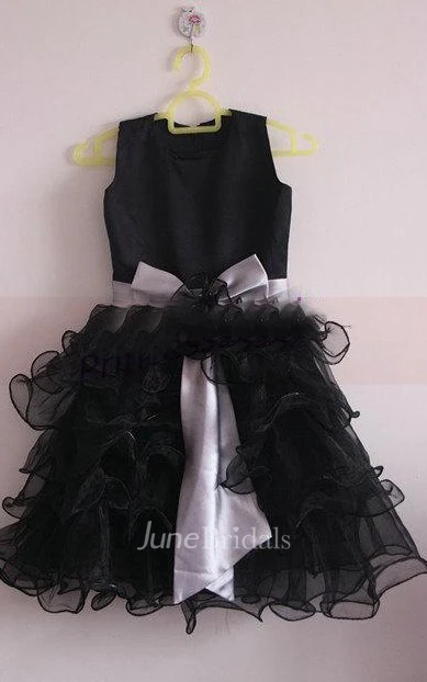 Satin Bodice Ruffled Organza Dress With Bow and Flower