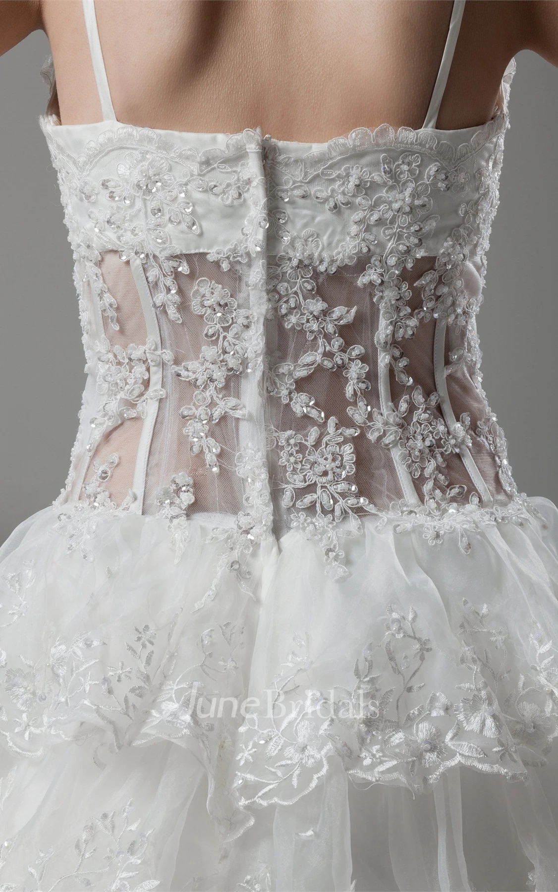 Plunged Tiered Lace A-Line Gown with Spaghetti-Straps