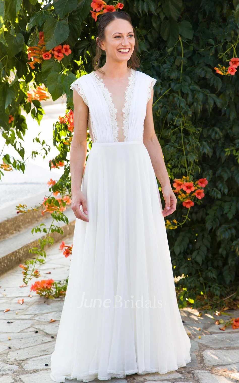 Greek A-Line Plunging Neckline Chiffon Lace Spring Wedding Dress With Open Back And Pleats