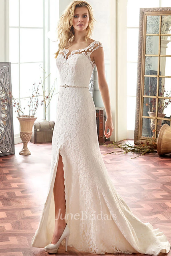 Square Long Split-Front Lace Wedding Dress With Sweep Train And Illusion