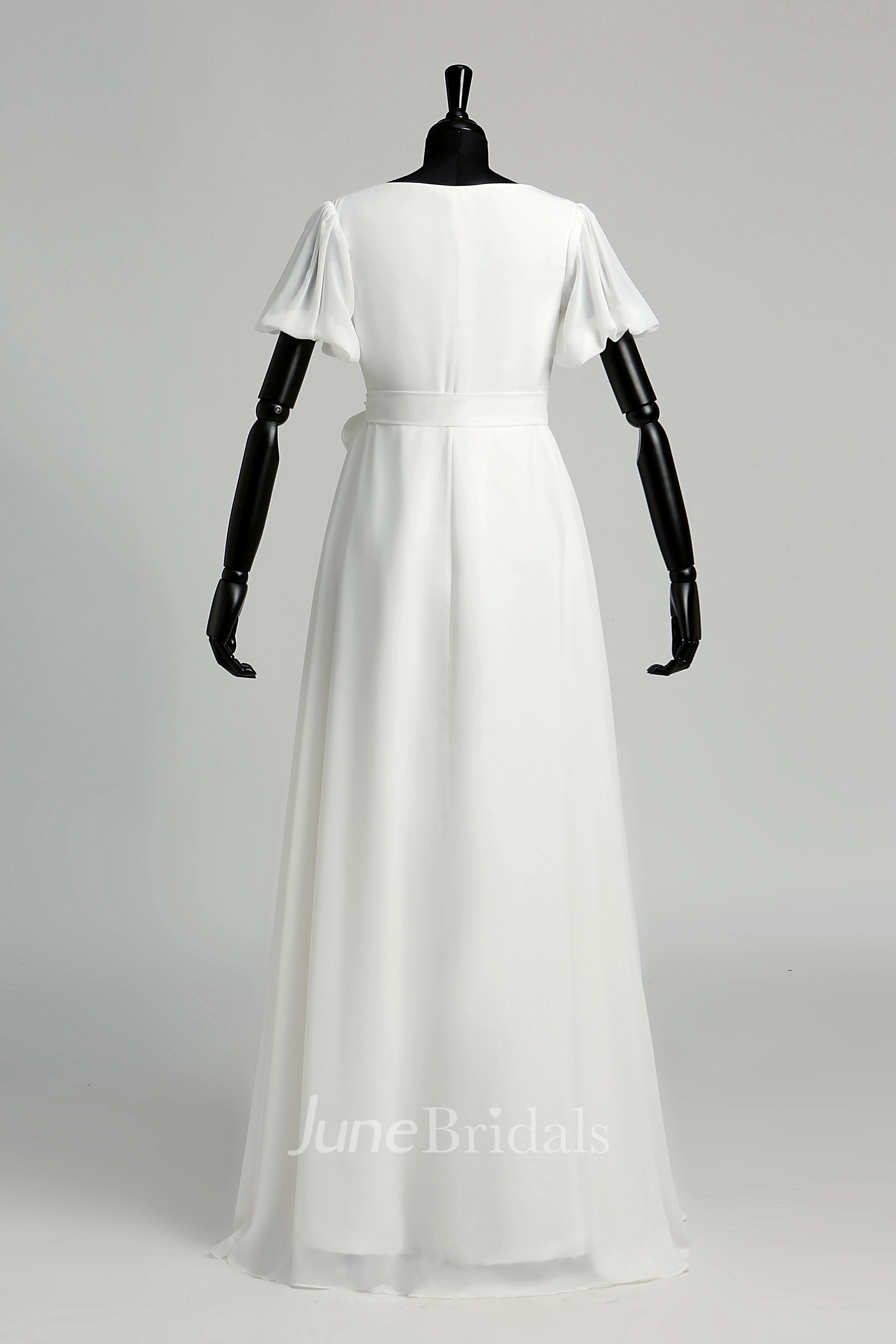 Puf Style Sleeve V-neck Long Chiffon Wedding Dress