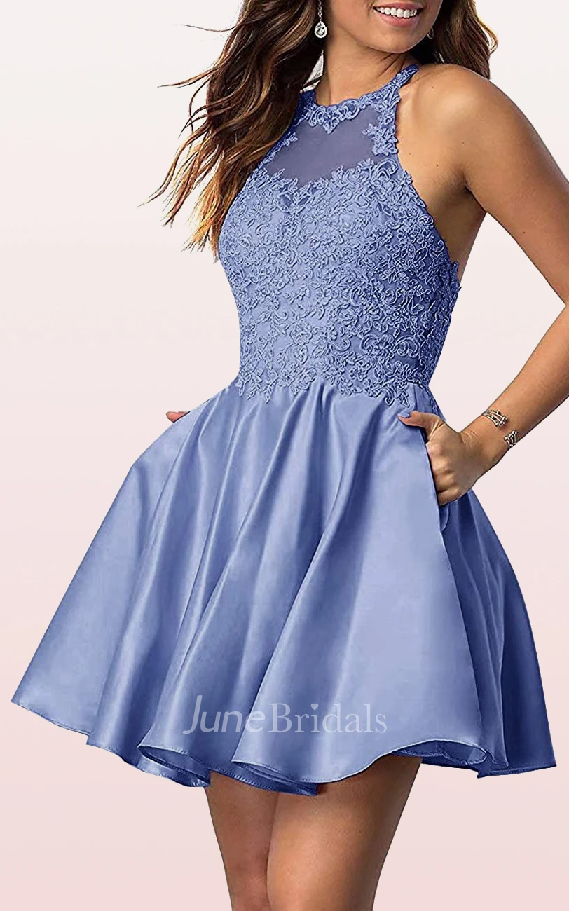 Sexy A Line Satin Lace Jewel Sleeveless Homecoming Dress with Appliques