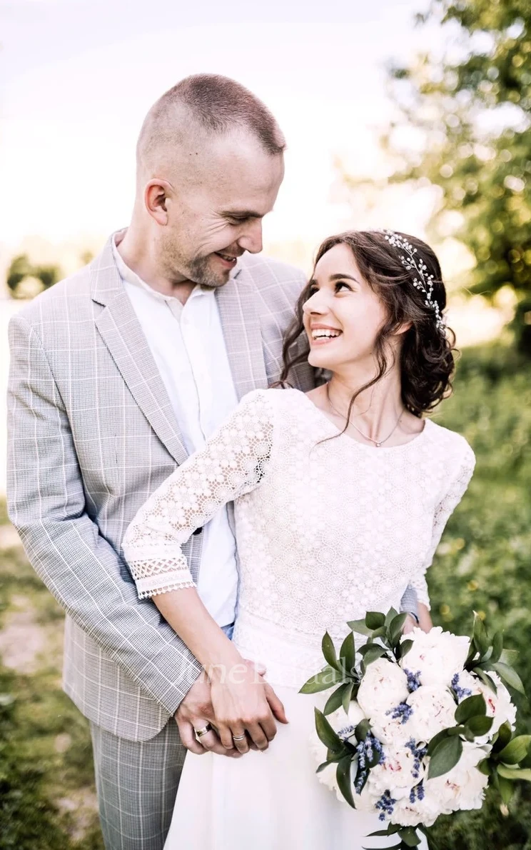 Country A Line Lace Boho 3/4 Sleeve Spring Wedding Dress Vintage Deep V Back Floor Length Bridal Gown