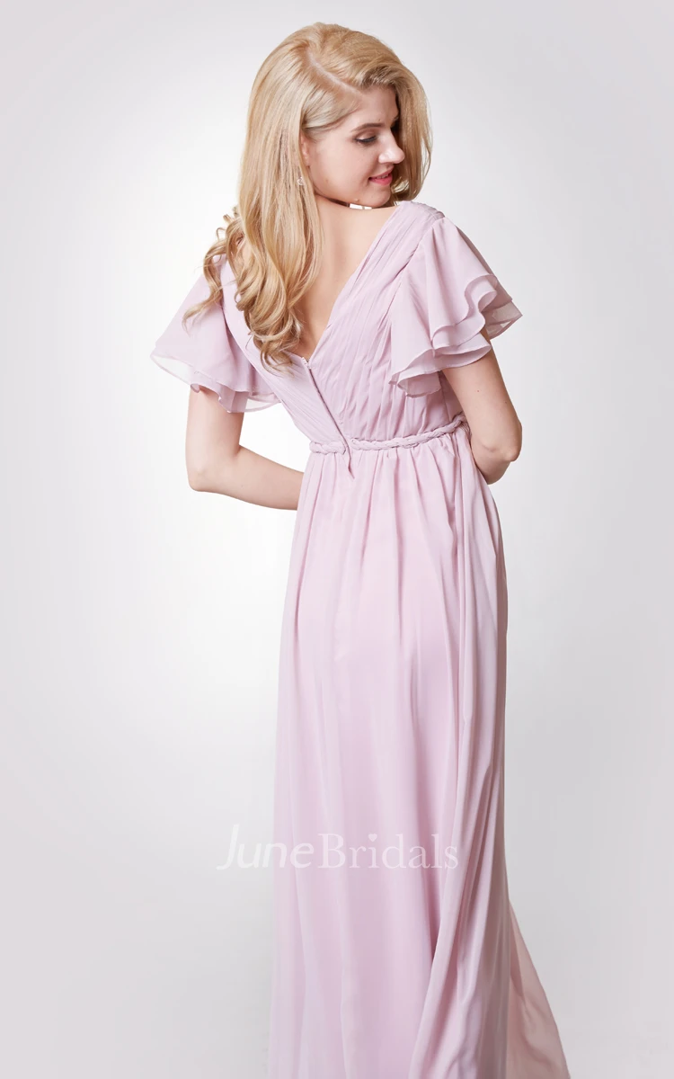 Short Sleeve V Neck Long Empire Bridesmaid Dress
