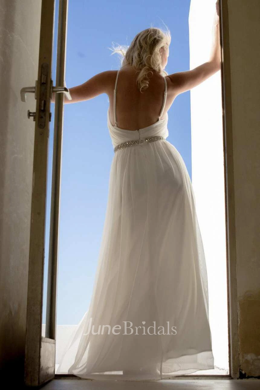 Spaghetti Chiffon Ruched Floor-Length Dress With Jeweled Waist