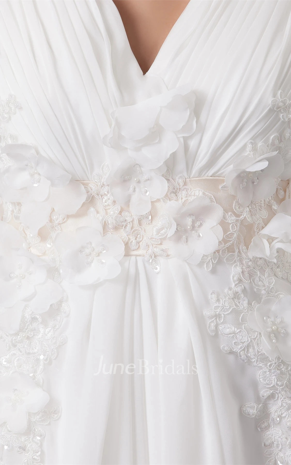 V-Neck Chiffon High-Low Dress with Ruching and Floral Waist