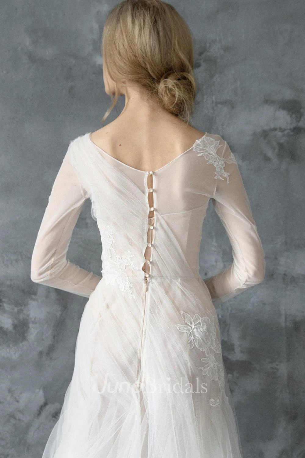 Ethereal Scoop-Neck Illusion Long Sleeve Tulle Dress With Beading And Appliques