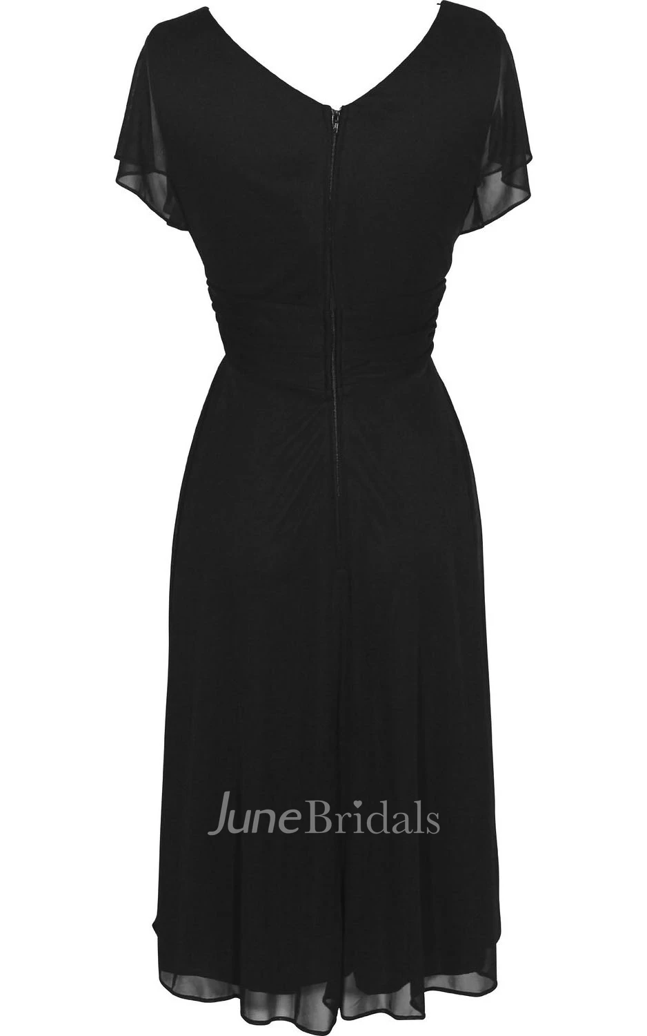 Short Sleeve V-neck Knee-length Chiffon Dress With Beading