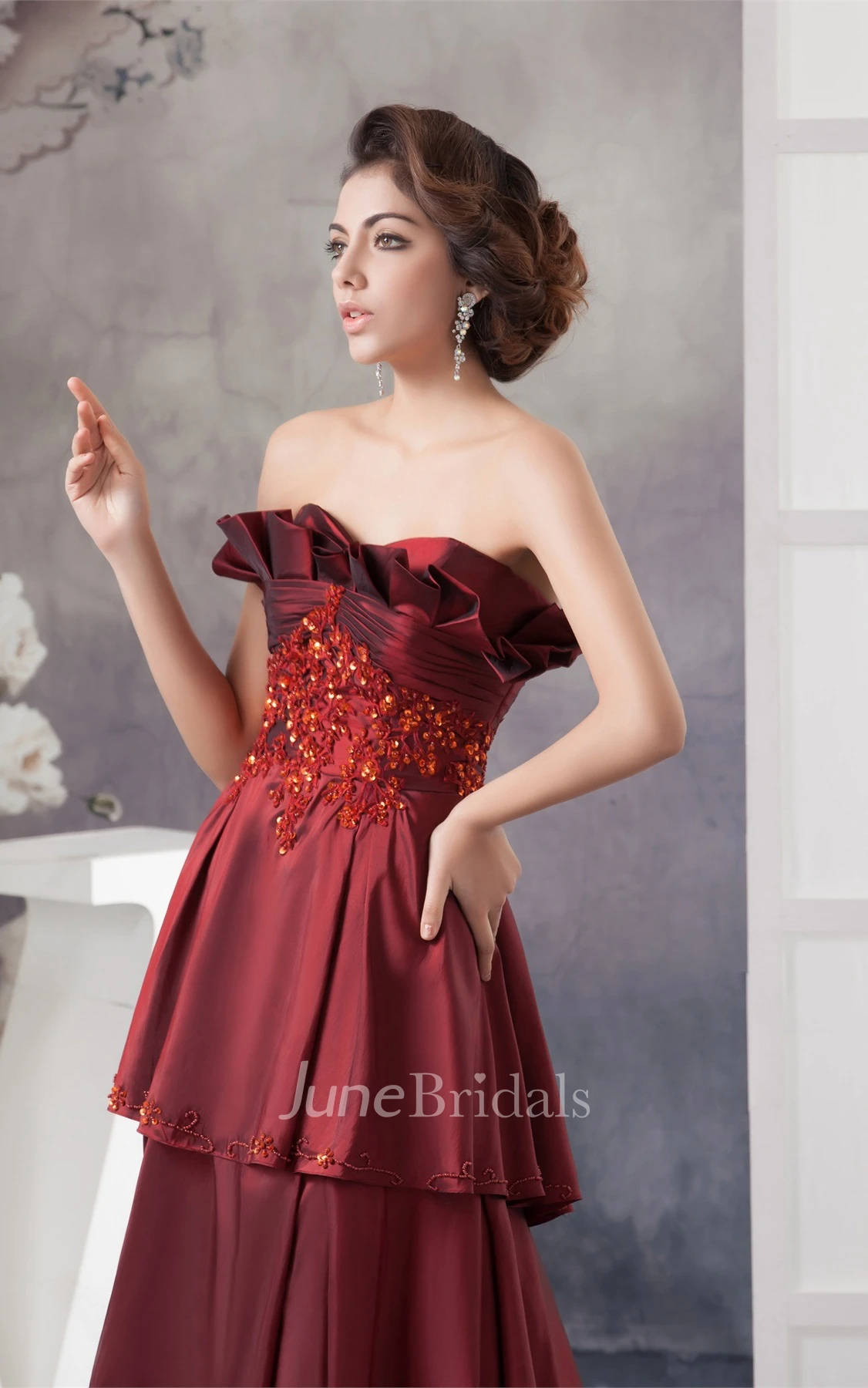 Strapless Tiered A-Line Gown with Beading and Appliques