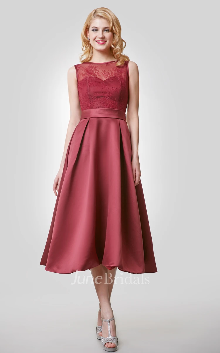 Modest Fitted Lace Tea Length Formal Dress With Hole Bow Back