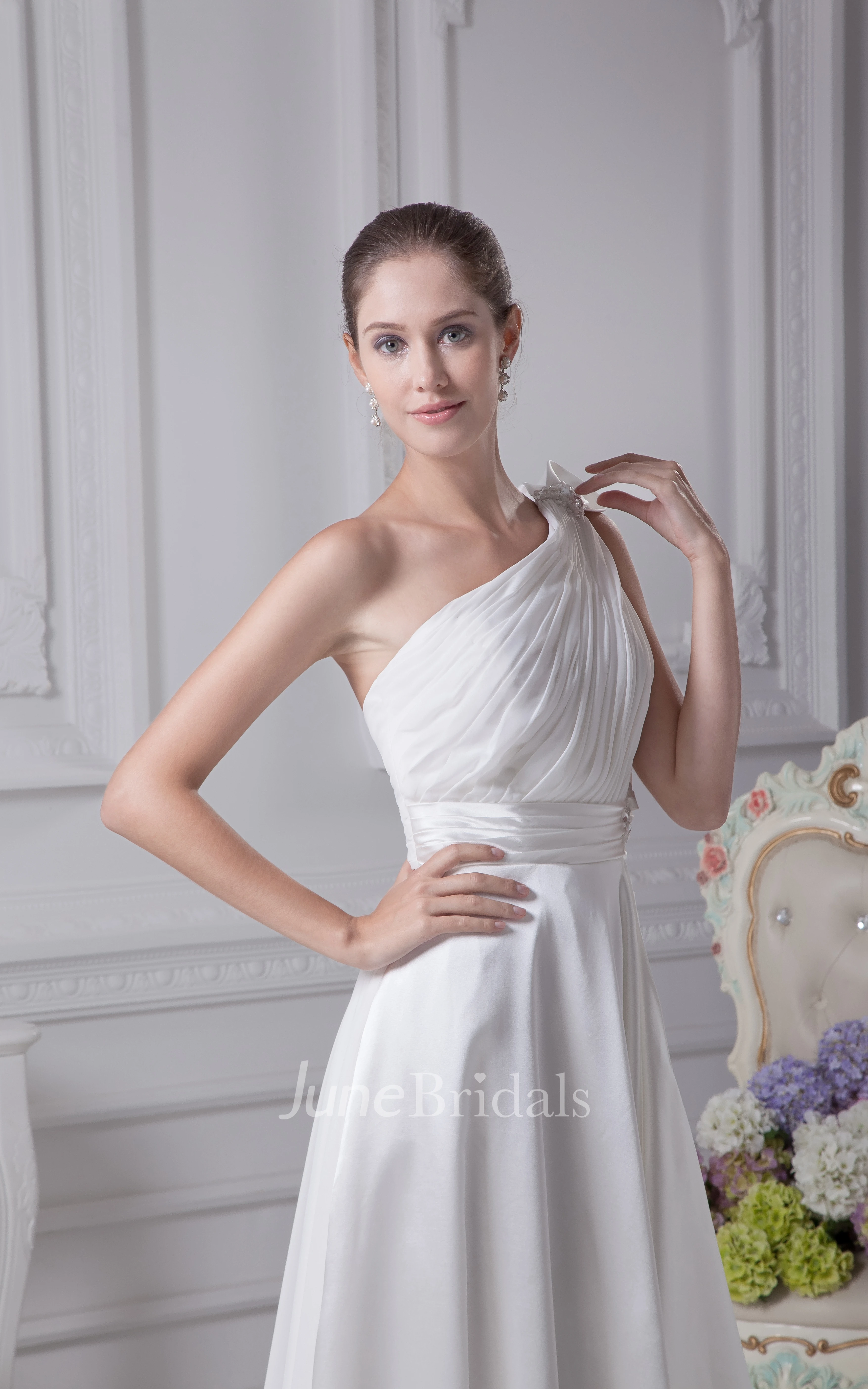 One-Shoulder Chiffon Ruched Floor-Length Dress With Draping