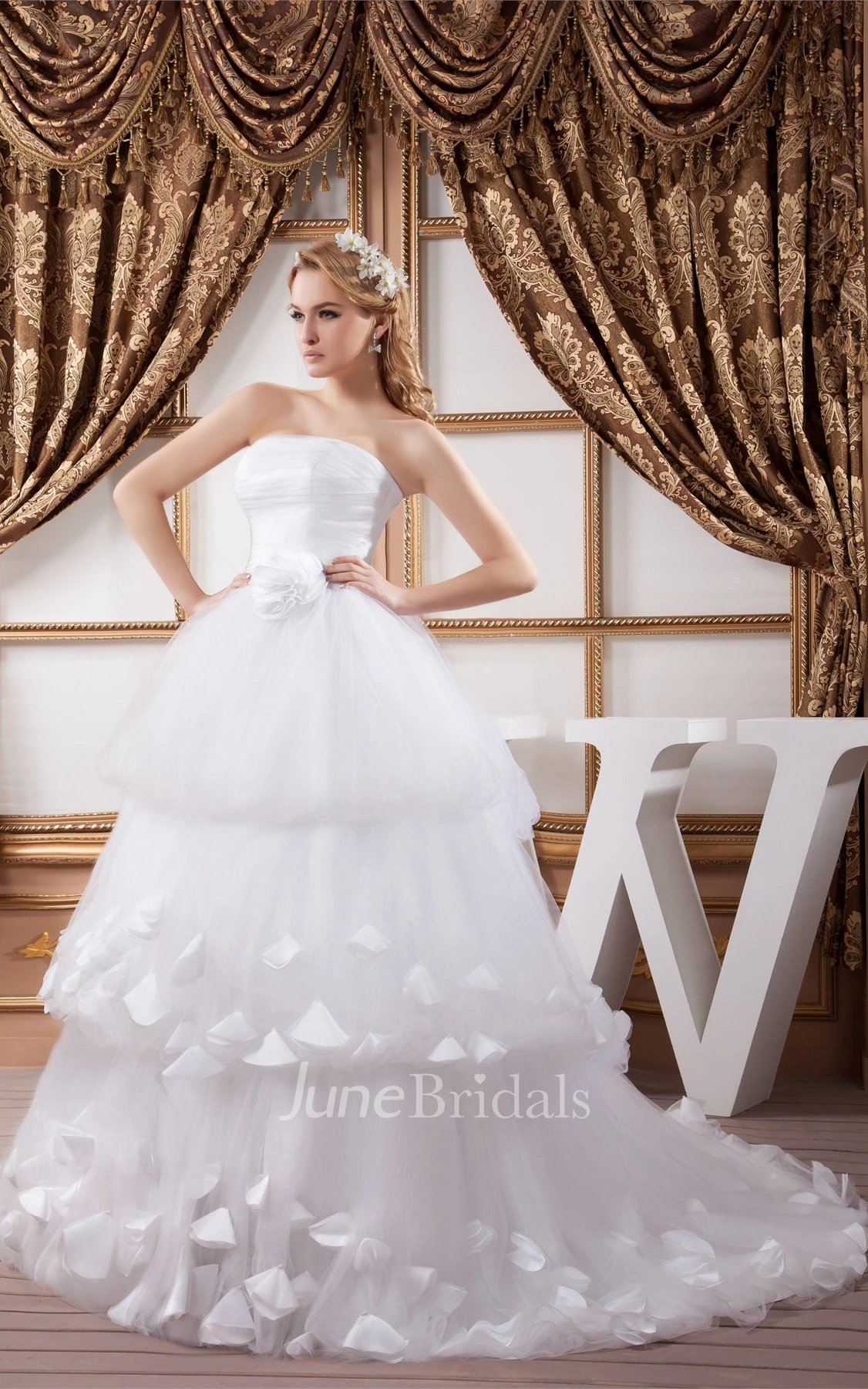 Strapless Tulle Ball Gown with Tiers and Flower