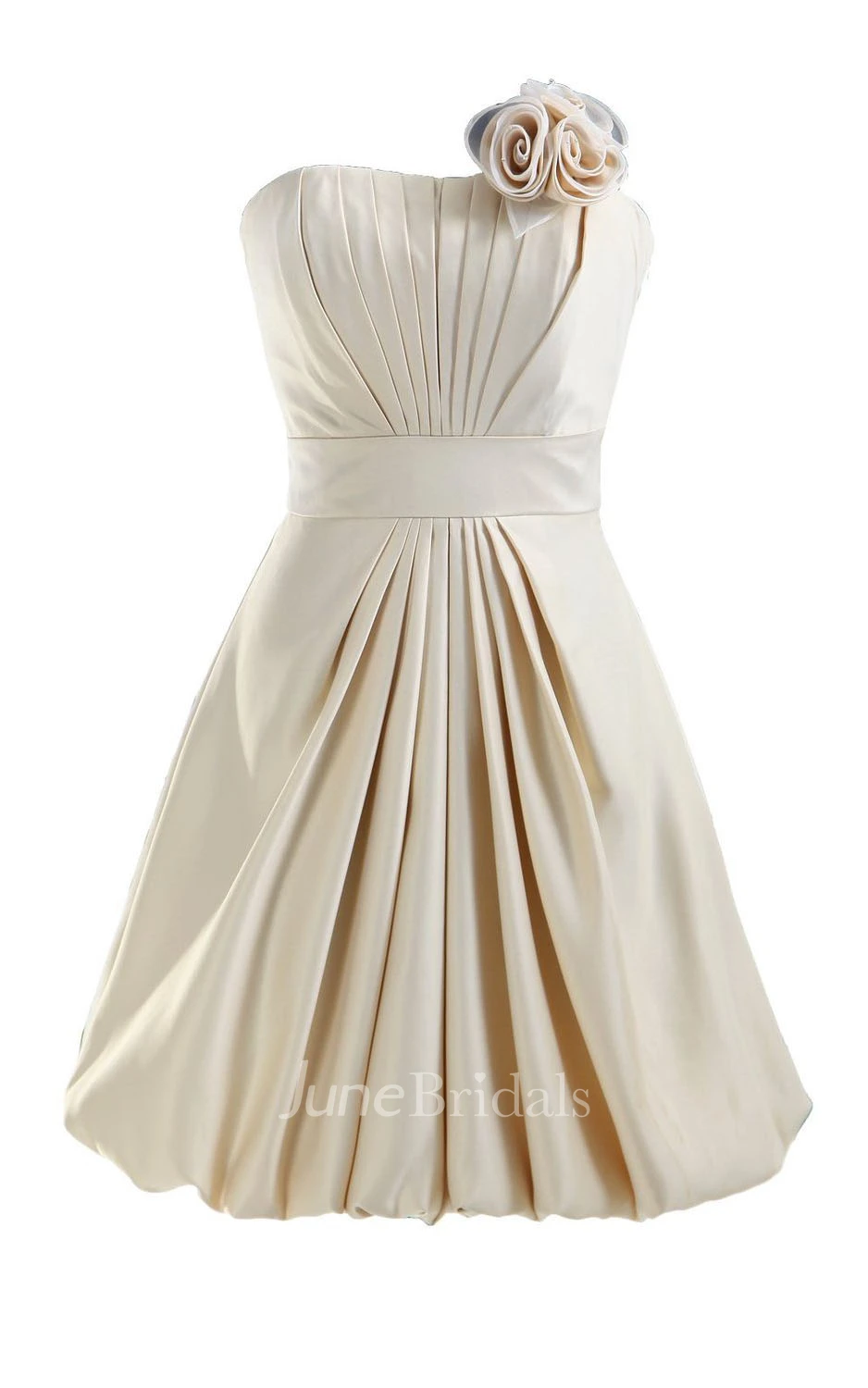 Strapless Appliqued Ruched Bodice Short Pleated Satin Dress