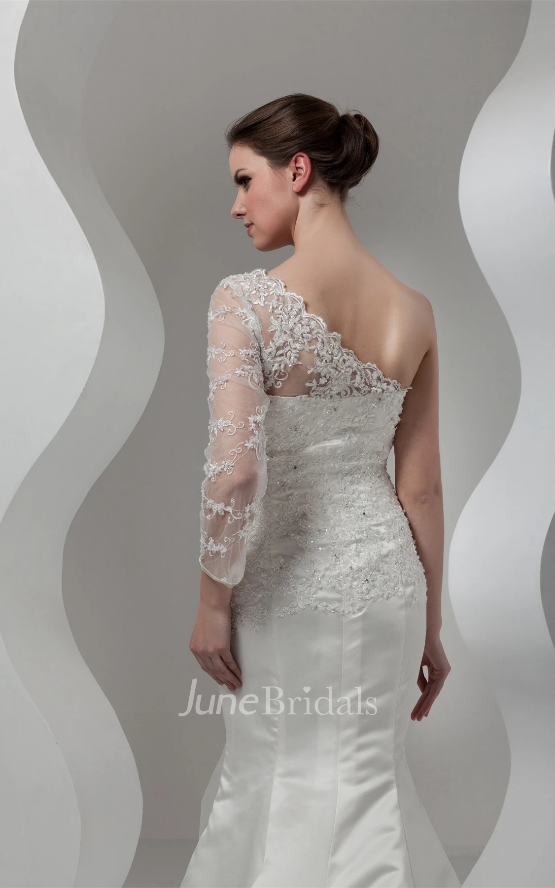 Asymmetrical Mermaid Appliqued Gown with Illusion One Sleeve